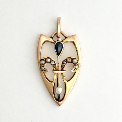 fig 1. Art Nouveau Jugendstil Rose Gold Sapphire and Seed Pearl Pendant