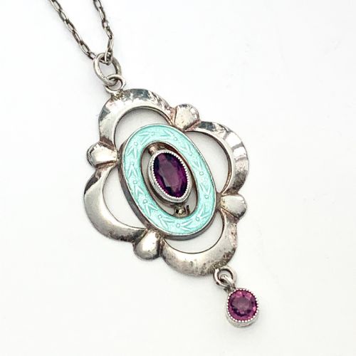 Edwardian Art Nouveau Silver Guilloche Enamel and Amethyst Necklace