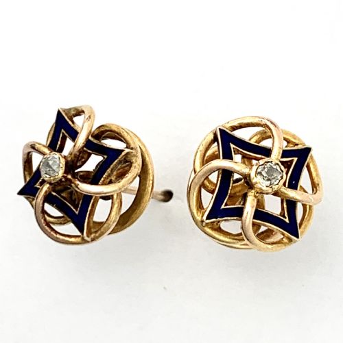 Antique 18ct Gold Diamond Blue Enamel Stud Earrings