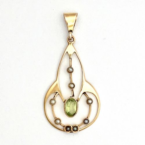 Edwardian 9ct Gold Peridot and Seed Pearl Pendant