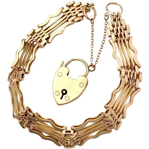 Antique 9ct Rose Gold Gate Bracelet with Heart Padlock