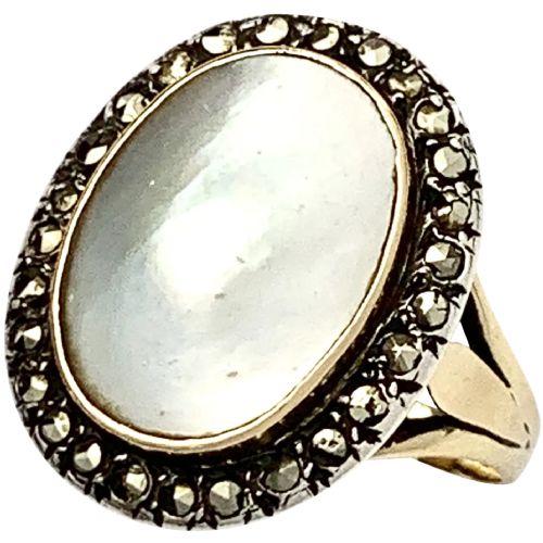 Antique Mother of Pearl and Marcasite 18ct Gold Ring

