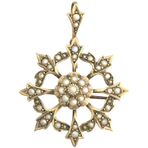 Victorian 9ct Gold Seed Pearl Pendant Brooch