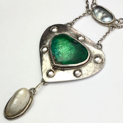 fig 1. RESERVED for G • Arts and Crafts Art Nouveau Enamel and Pearl Silver Necklace