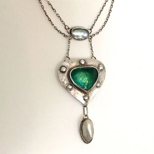 fig 3. RESERVED for G • Arts and Crafts Art Nouveau Enamel and Pearl Silver Necklace