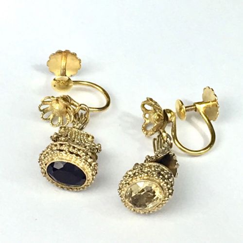 Antique 9ct Gold Watch Fob Citrine and Amethyst Screwback Earrings