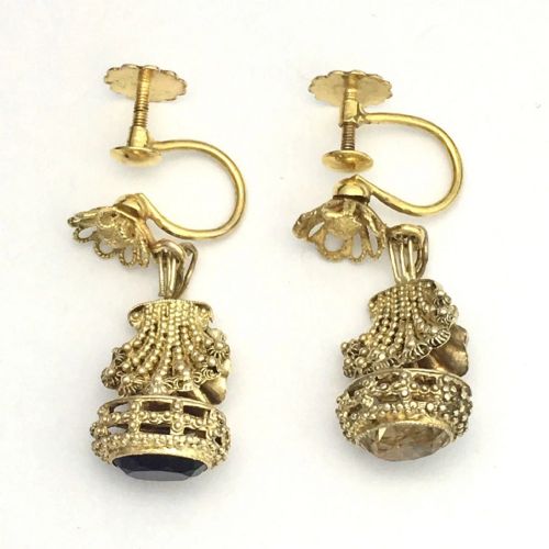 fig 1. Antique 9CT Gold Watch Fob Citrine and Amethyst Screwback Earrings