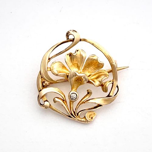 Art Nouveau 14ct Gold Diamond Flower Brooch