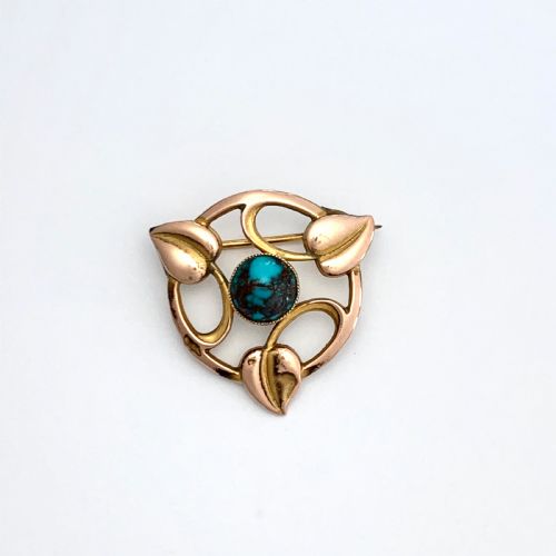 Reserved for Sp • Arts and Crafts Rose Gold Turquoise Leaf Brooch