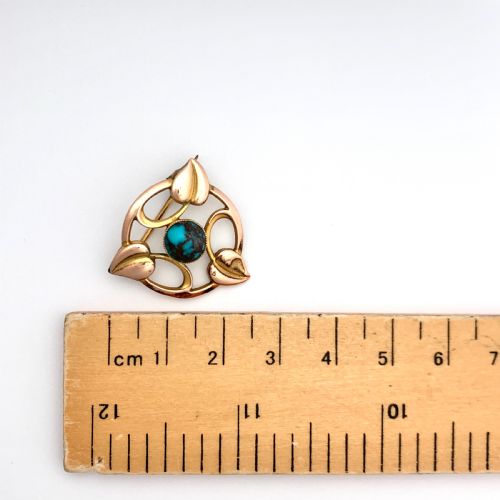fig 1. RESERVED for SP • Arts and Crafts Rose Gold Turquoise Leaf Brooch