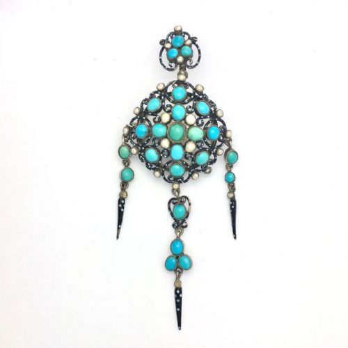 Antique Turquoise, Seed Pearl and Enamel Silver Locket Pendant/brooch