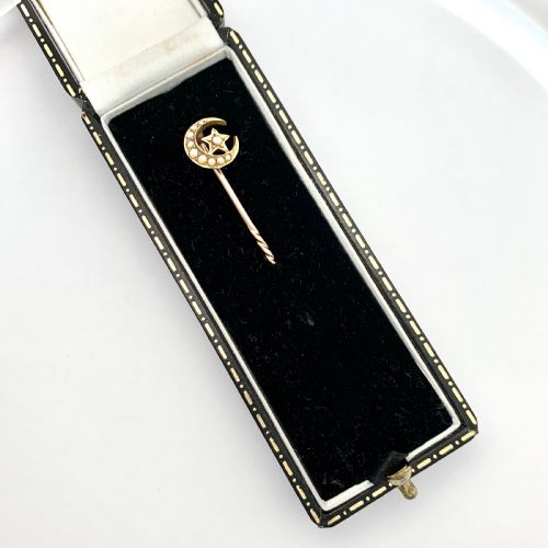 Antique 18ct Gold, Pearl Crescent Moon and Star Stick Pin Brooch
