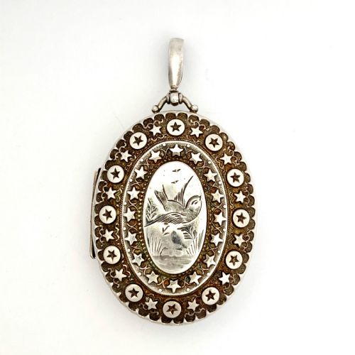 Large Victorian Sterling Silver Swallow Locket Pendant
