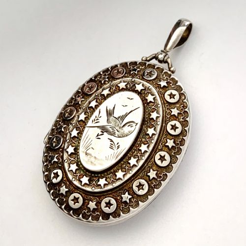 fig 1. Large Victorian Sterling Silver Swallow Locket Pendant