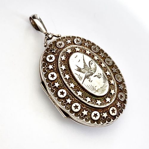 fig 2. Large Victorian Sterling Silver Swallow Locket Pendant