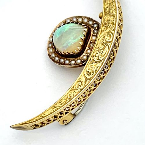 Antique 15ct Gold Opal and Seed Pearl Crescent Brooch