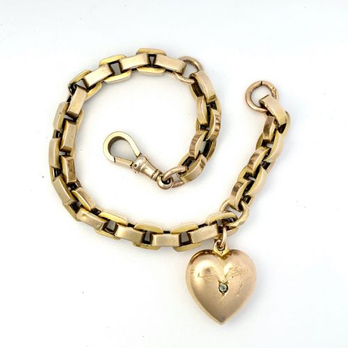 1896 Victorian 9ct Gold Puffy Heart Charm Bracelet with Dog Clip