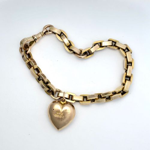 fig 1. 1896 Victorian 9CT Gold Puffy Heart Charm Bracelet with Dog Clip