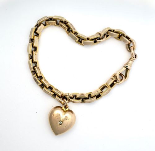 fig 2. 1896 Victorian 9CT Gold Puffy Heart Charm Bracelet with Dog Clip