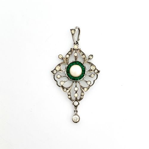 Victorian Cultured Pearl and Emerald Paste Silver Pendant