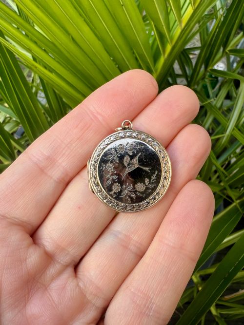 fig 1. Victorian Rolled Gold Bird and Flowers Locket Pendant