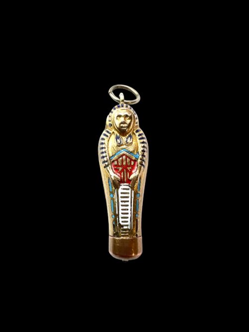 fig 1. An antique gilt metal sarcophagus-shaped propelling pencil pendant featuring colourful blue, red, and white enamel decoration with a top jump ring.