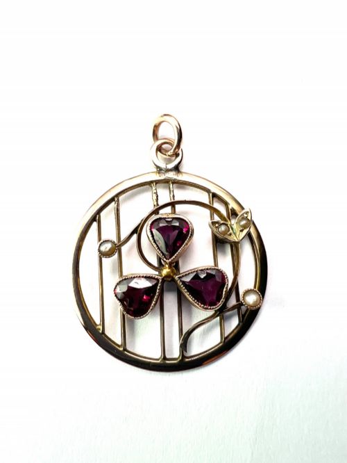 EDWARDIAN GARNET PEARL CLOVER HEART 9CT GOLD PENDANT - ADDITIONAL PHOTO 5