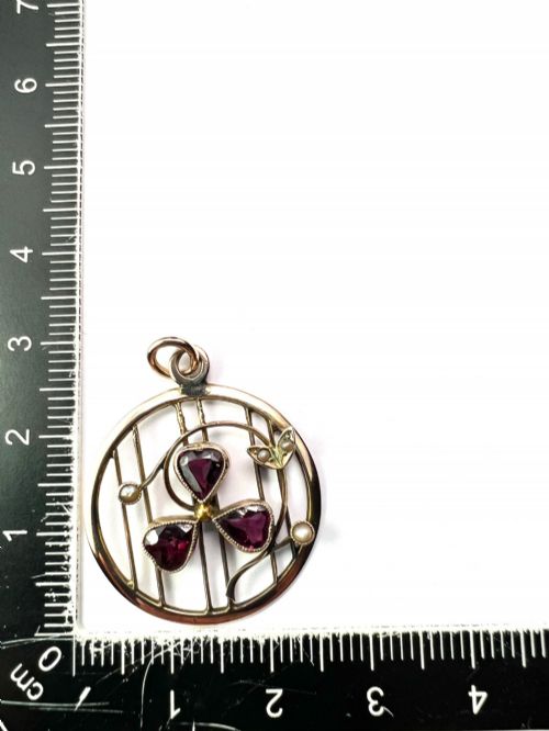 EDWARDIAN GARNET PEARL CLOVER HEART 9CT GOLD PENDANT - ADDITIONAL PHOTO 6