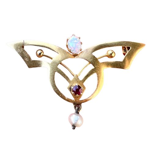 Art Nouveau 18ct Gold Opal Ruby Pearl Brooch