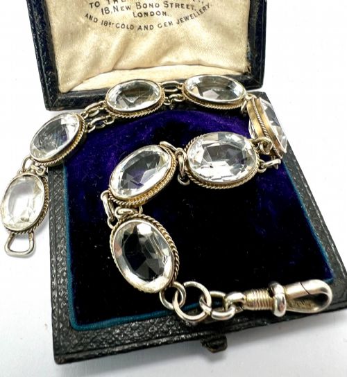 Vintage Rock Crystal Silver Link Bracelet with Dog Clip