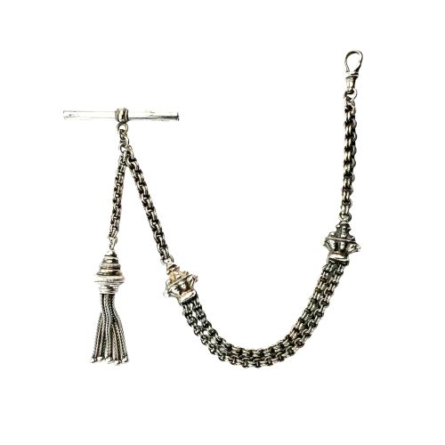 ANTIQUE SILVER ALBERTINA WATCH CHAIN WITH T BAR AND TASSEL FOB
