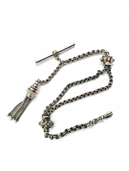 ANTIQUE SILVER ALBERTINA WATCH CHAIN WITH T BAR AND TASSEL FOB - ADDITIONAL PHOTO 1