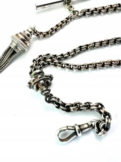 ANTIQUE SILVER ALBERTINA WATCH CHAIN WITH T BAR AND TASSEL FOB - ADDITIONAL PHOTO 4
