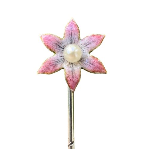 ART NOUVEAU ENAMELLED FLOWER PEARL GOLD STICK PIN