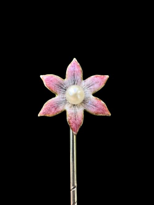 ART NOUVEAU ENAMELLED FLOWER PEARL GOLD STICK PIN - ADDITIONAL PHOTO 1
