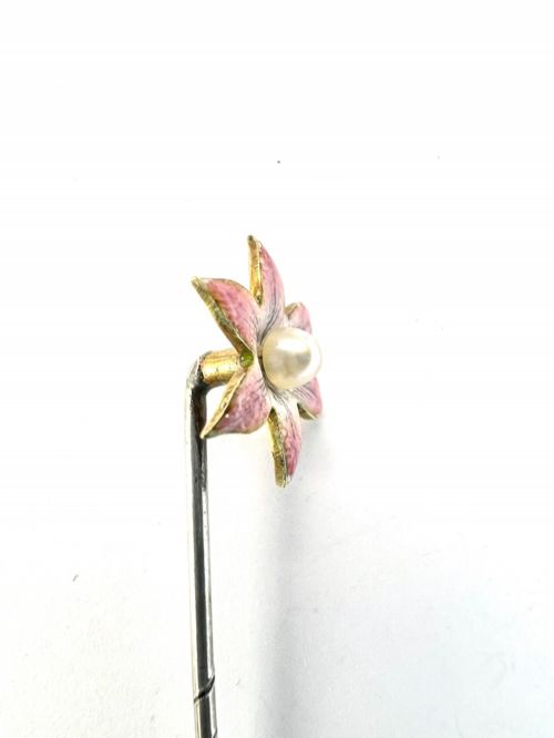 ART NOUVEAU ENAMELLED FLOWER PEARL GOLD STICK PIN - ADDITIONAL PHOTO 2