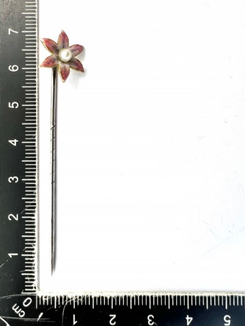 ART NOUVEAU ENAMELLED FLOWER PEARL GOLD STICK PIN - ADDITIONAL PHOTO 5