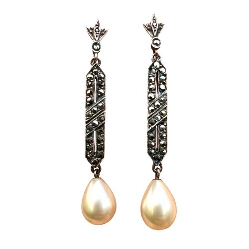 Art Deco Silver Marcasite Pearl Teardrop Screwback Earrings