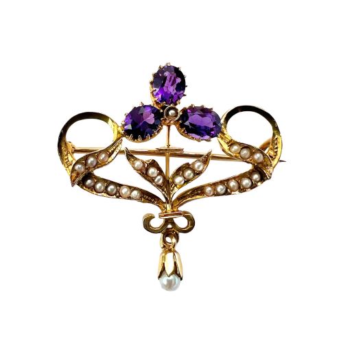 EDWARDIAN 9CT GOLD AMETHYST PEARL BROOCHPENDANT WITH DROP