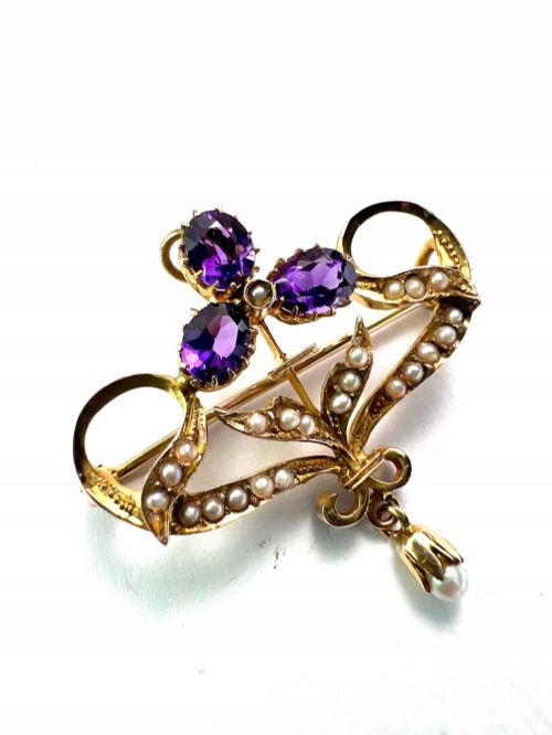 EDWARDIAN 9CT GOLD AMETHYST PEARL BROOCHPENDANT WITH DROP - ADDITIONAL PHOTO 1