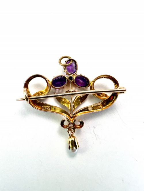 EDWARDIAN 9CT GOLD AMETHYST PEARL BROOCHPENDANT WITH DROP - ADDITIONAL PHOTO 2