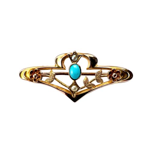 EDWARDIAN 9CT GOLD TURQUOISE PEARL FLORAL BROOCH