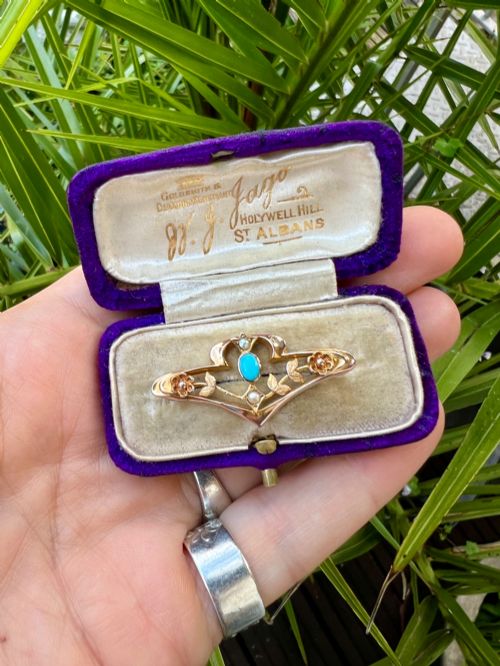 EDWARDIAN 9CT GOLD TURQUOISE PEARL FLORAL BROOCH - ADDITIONAL PHOTO 4