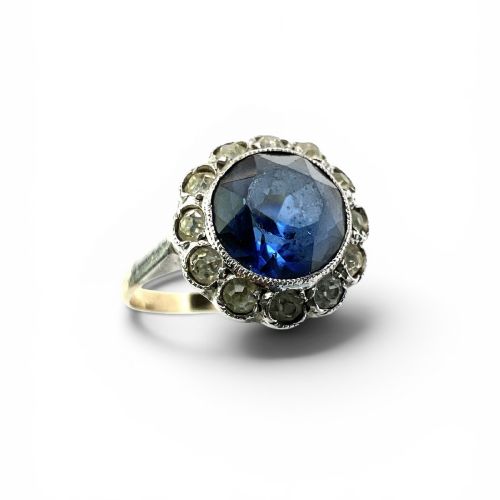ANTIQUE SAPPHIRE PASTE GOLD AND SILVER HALO RING