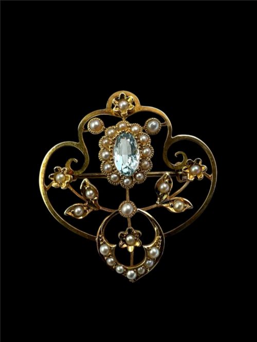EDWARDIAN 15CT GOLD AQUAMARINE PEARL BROOCH - ADDITIONAL PHOTO 1