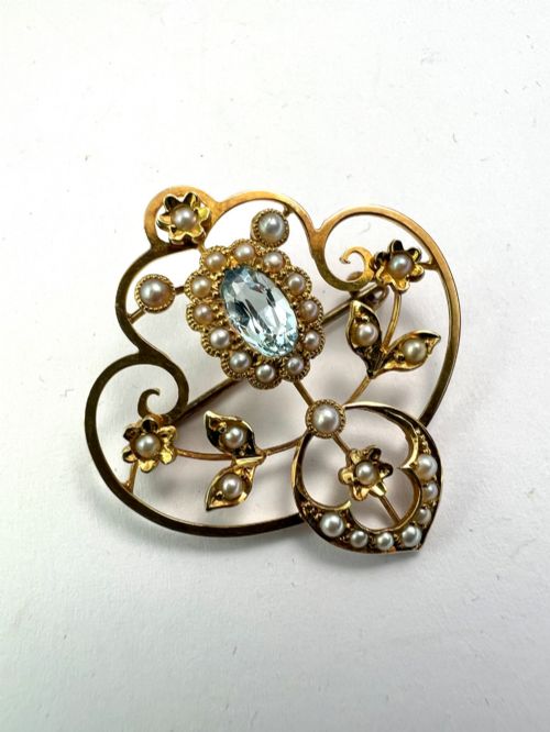 EDWARDIAN 15CT GOLD AQUAMARINE PEARL BROOCH - ADDITIONAL PHOTO 2