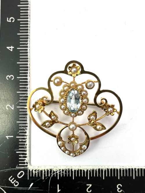 EDWARDIAN 15CT GOLD AQUAMARINE PEARL BROOCH - ADDITIONAL PHOTO 5