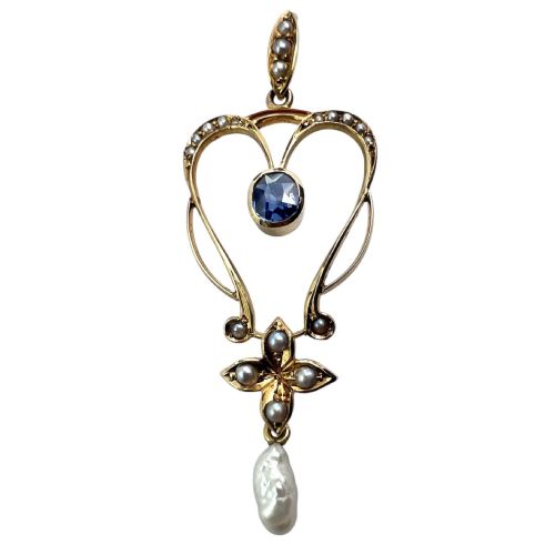 Art Nouveau 15ct Gold Sapphire Pearl Lavalier Pendant