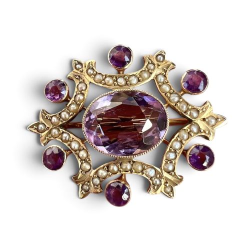 Edwardian 9ct Gold Amethyst Seed Pearl Brooch