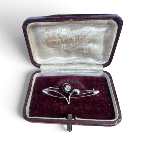 Boxed Art Nouveau 15ct Gold and Platinum Diamond Brooch